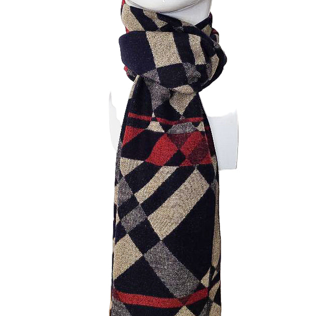 Heritage Check Wool Scarf – Black/Beige with Red Accents (190 × 29 cm)