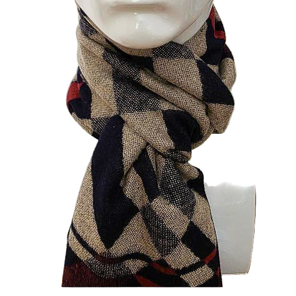Heritage Check Wool Scarf – Black/Beige with Red Accents (190 × 29 cm)
