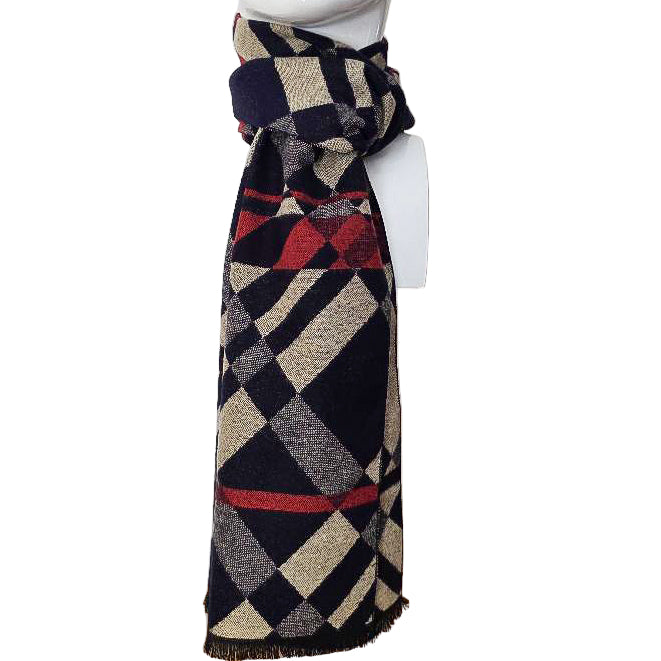 Heritage Check Wool Scarf – Black/Beige with Red Accents (190 × 29 cm)