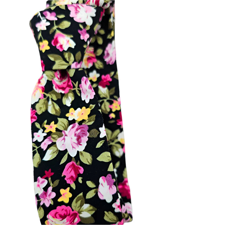 HAND MADE BLACK COTTON FLORAL TIE