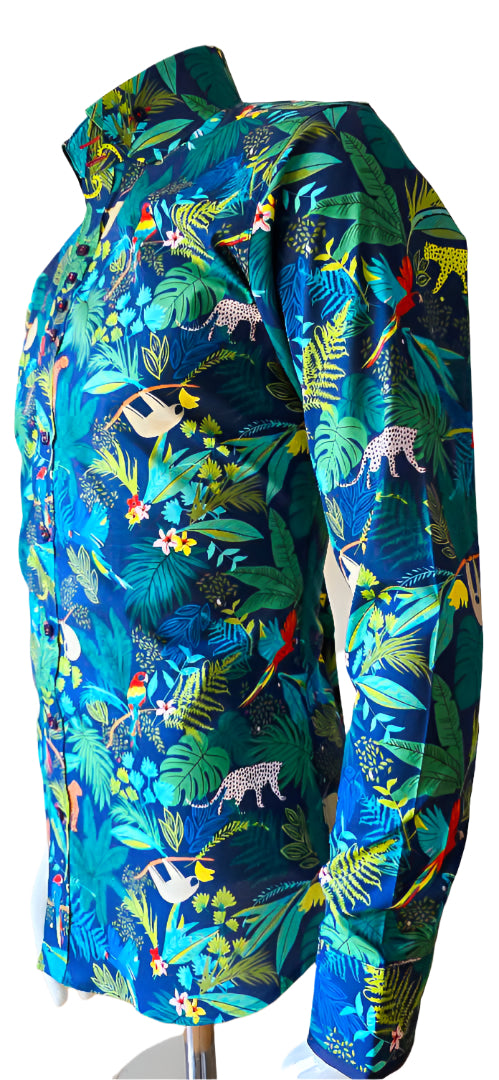 TROPICAL NAVY AND GREEN FLORAL COTTON SHIRT