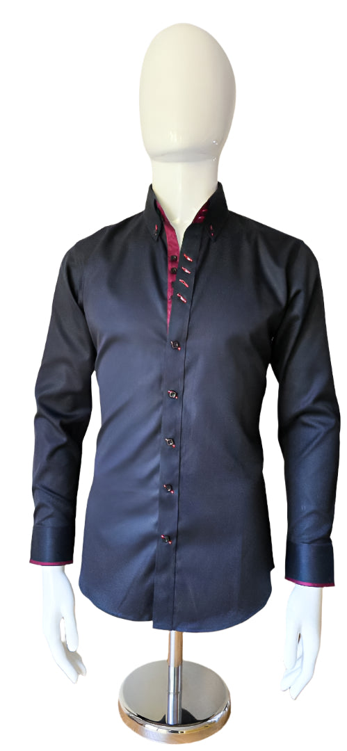 BLACK SHIRT WITH BURGUNDY TRIM COTTON SHIRT