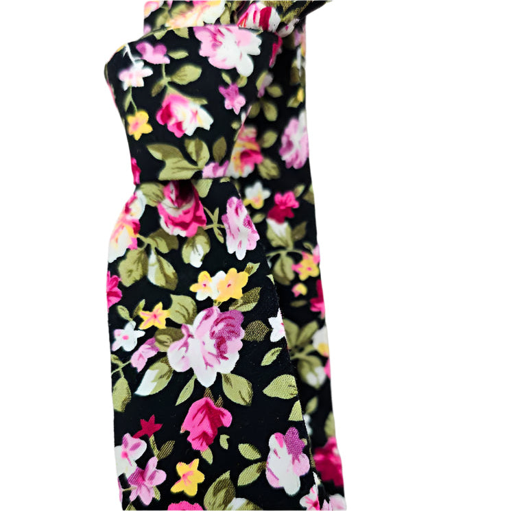 HAND MADE BLACK COTTON FLORAL TIE