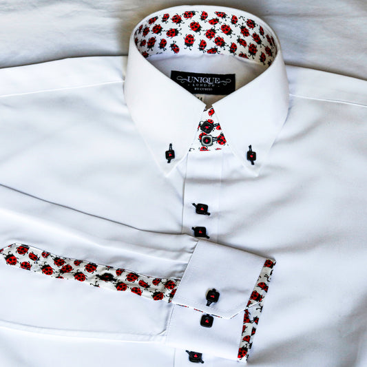 White Shirt with Ladybird Trim ; MADE TO ORDER SUPER FINE COTTON SHIRT