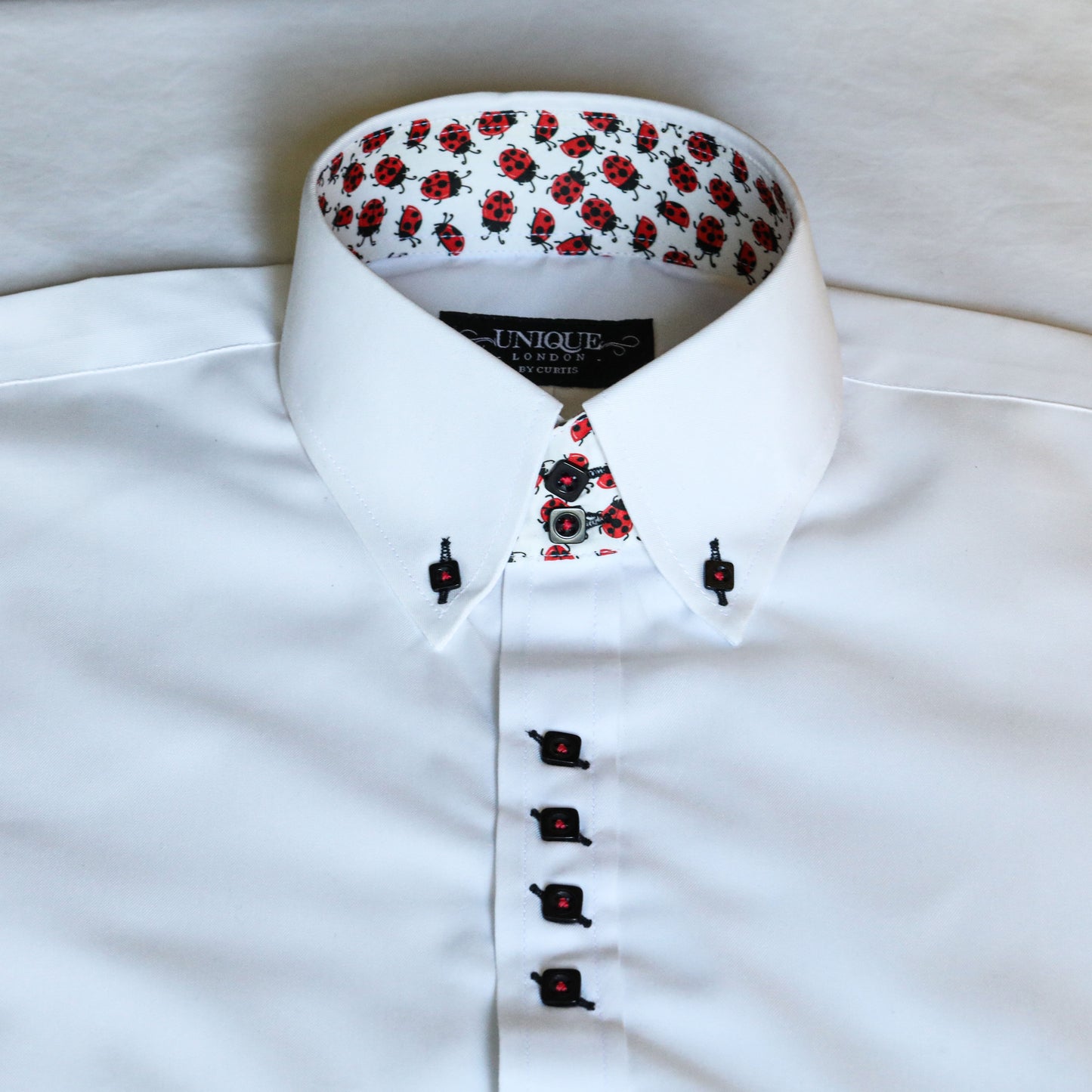 White Shirt with Ladybird Trim ; MADE TO ORDER SUPER FINE COTTON SHIRT