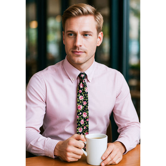 HAND MADE BLACK COTTON FLORAL TIE
