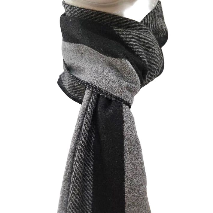 Luxury Wool Blend Stripe Scarf – Black &amp; Grey Elegance (190 x 29 cm)