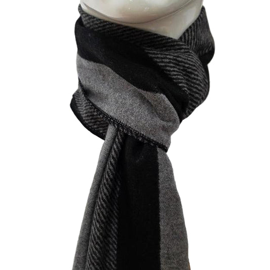 Luxury Wool Blend Stripe Scarf – Black &amp; Grey Elegance (190 x 29 cm)