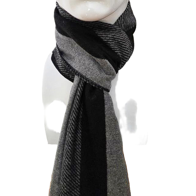 Luxury Wool Blend Stripe Scarf – Black &amp; Grey Elegance (190 x 29 cm)