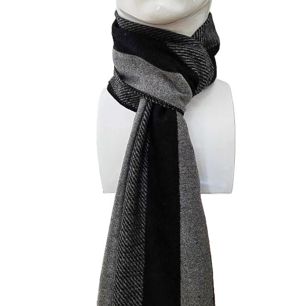 Luxury Wool Blend Stripe Scarf – Black &amp; Grey Elegance (190 x 29 cm)
