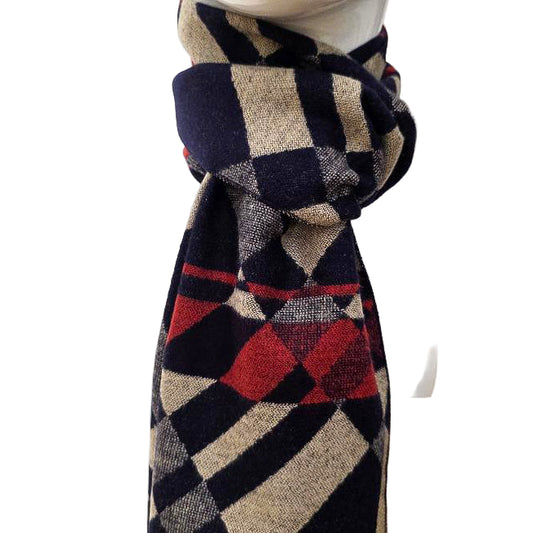 Heritage Check Wool Scarf – Black/Beige with Red Accents (190 × 29 cm)