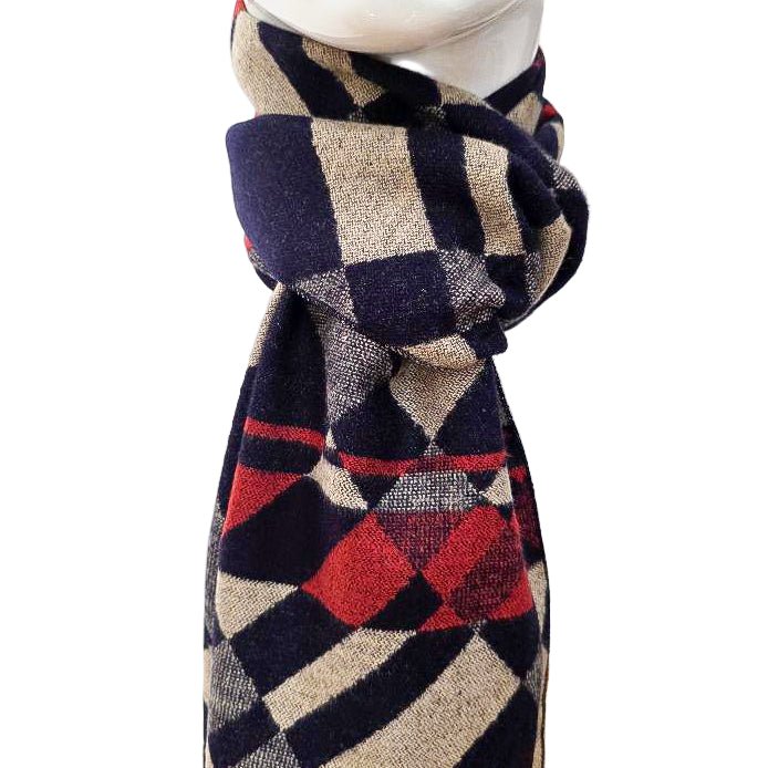 Heritage Check Wool Scarf – Black/Beige with Red Accents (190 × 29 cm)