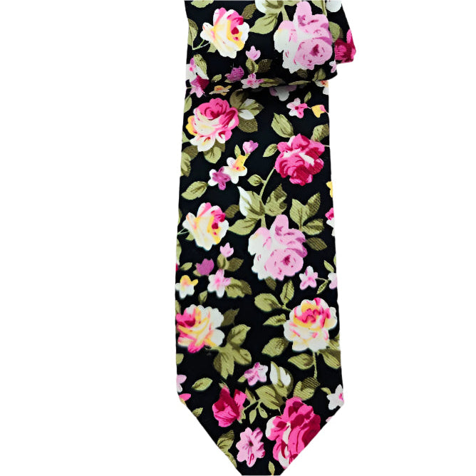 HAND MADE BLACK COTTON FLORAL TIE
