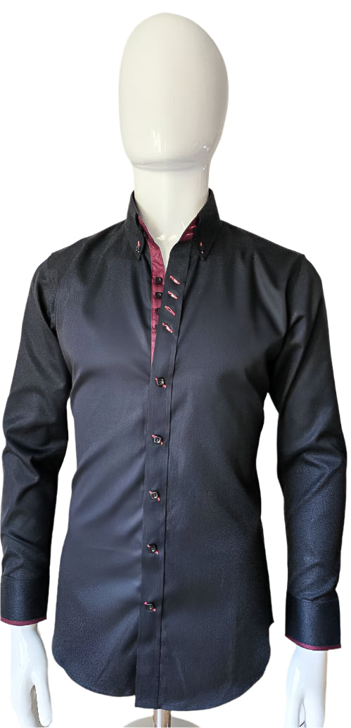 BLACK SHIRT WITH BURGUNDY TRIM COTTON SHIRT