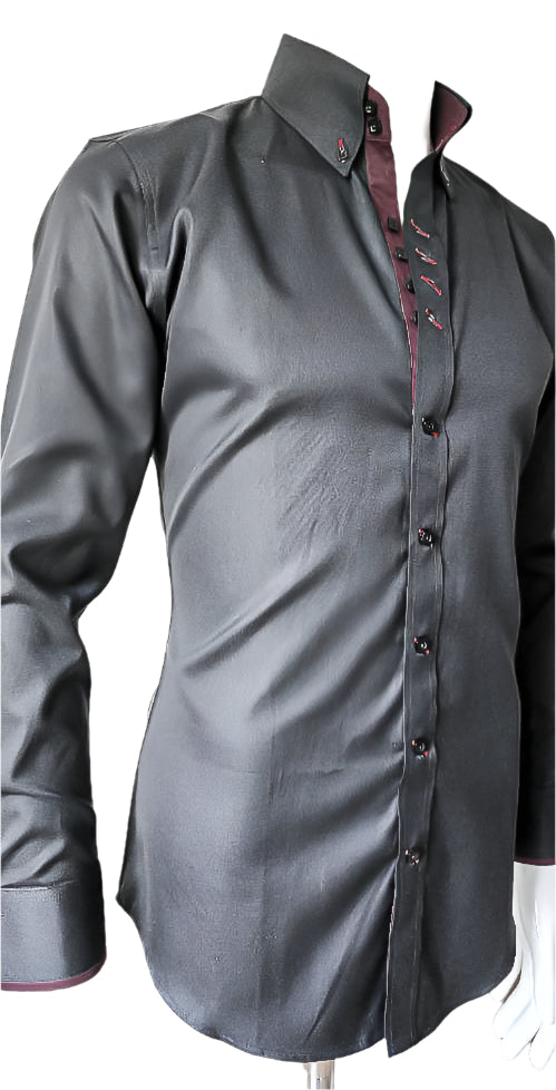 BLACK SHIRT WITH BURGUNDY TRIM COTTON SHIRT
