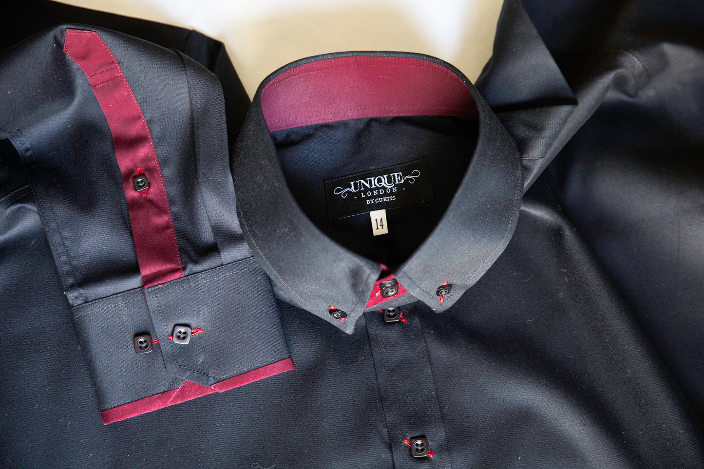 BLACK SHIRT WITH BURGUNDY TRIM COTTON SHIRT