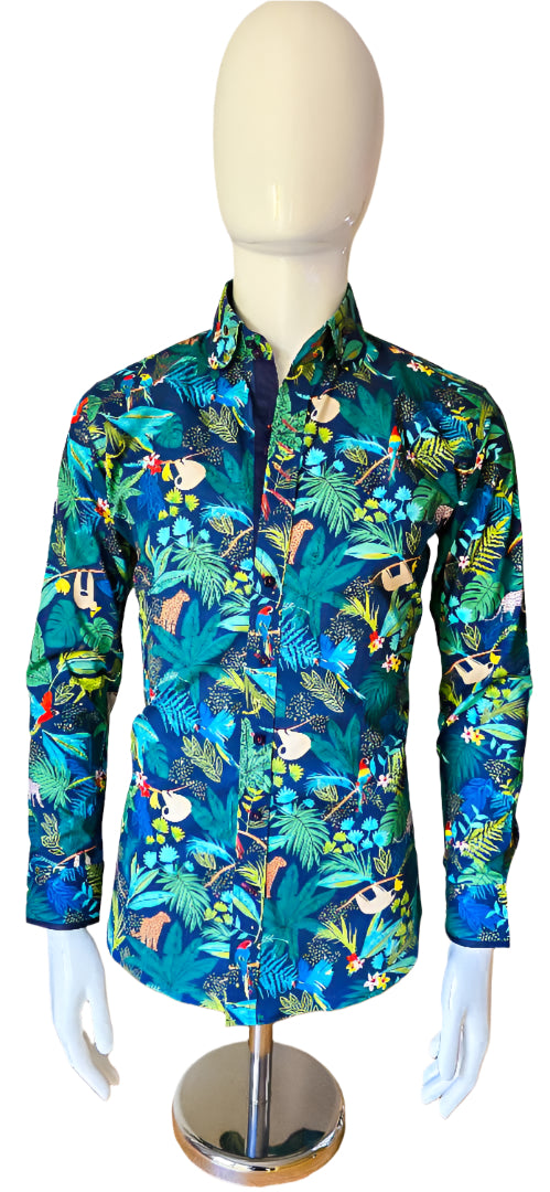 TROPICAL NAVY AND GREEN FLORAL COTTON SHIRT