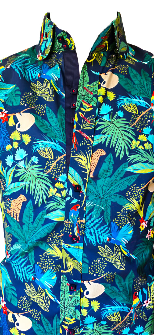 TROPICAL NAVY AND GREEN FLORAL COTTON SHIRT