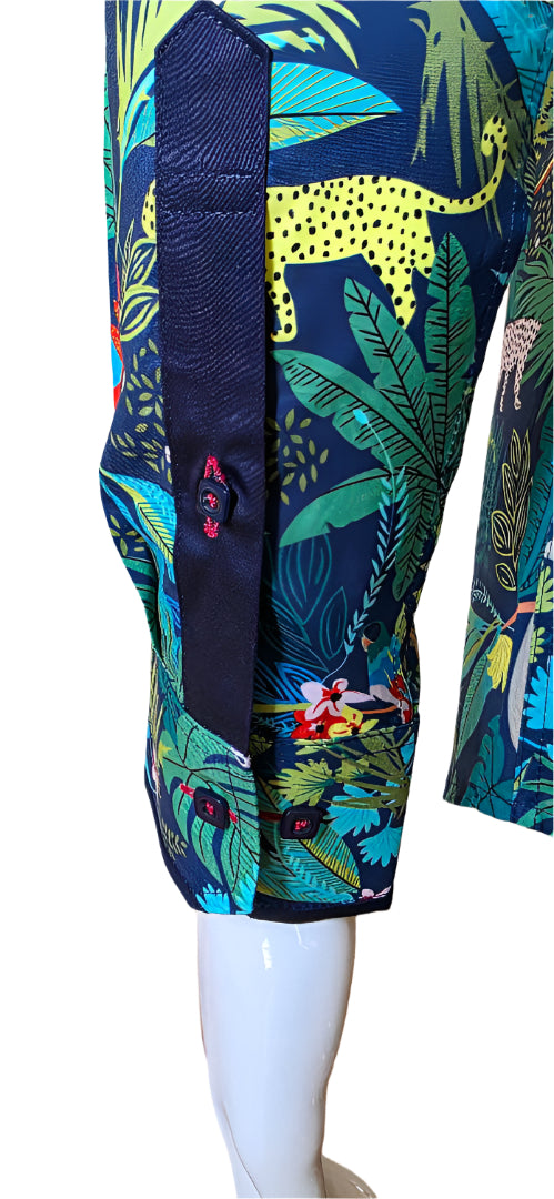 TROPICAL NAVY AND GREEN FLORAL COTTON SHIRT
