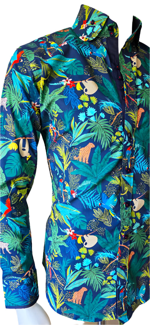 TROPICAL NAVY AND GREEN FLORAL COTTON SHIRT