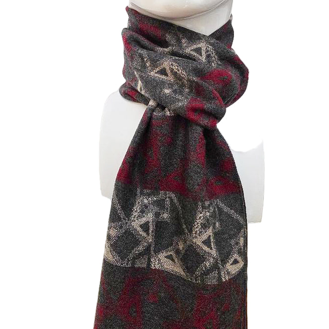 Reversible Heritage Wool Scarf – Burgundy &amp; Beige with Charcoal Pattern (190 × 29 cm)