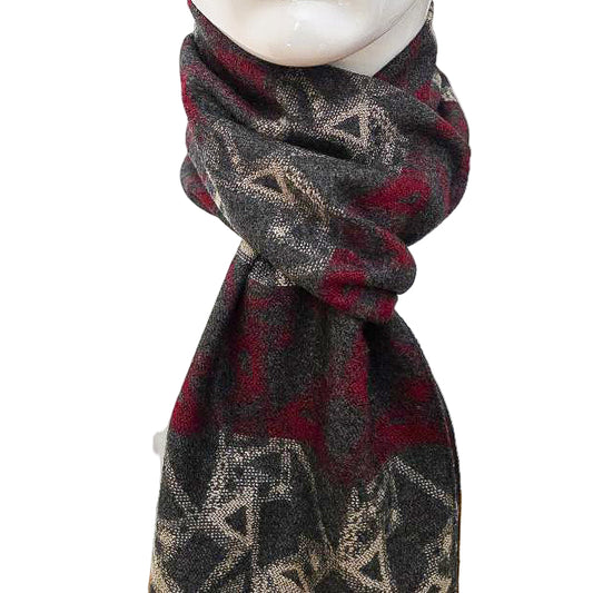 Reversible Heritage Wool Scarf – Burgundy &amp; Beige with Charcoal Pattern (190 × 29 cm)