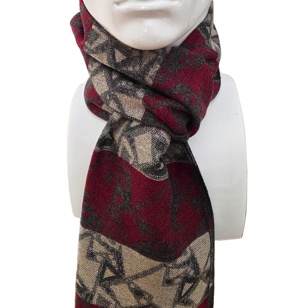 Reversible Heritage Wool Scarf – Burgundy &amp; Beige with Charcoal Pattern (190 × 29 cm)