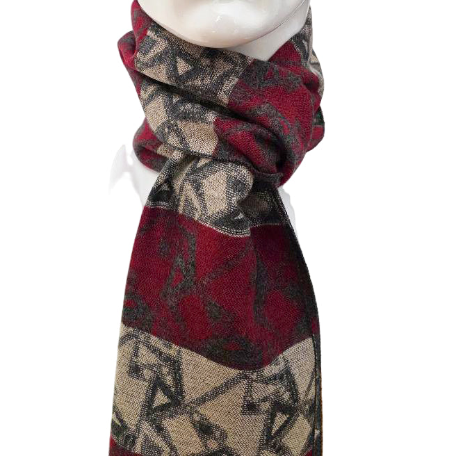Reversible Heritage Wool Scarf – Burgundy &amp; Beige with Charcoal Pattern (190 × 29 cm)