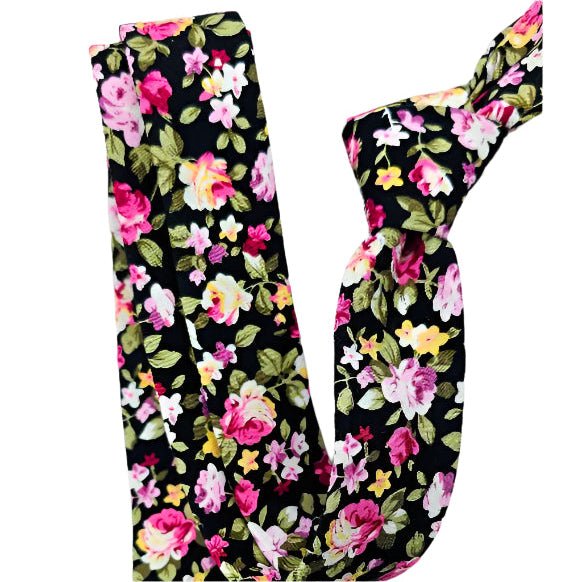 HAND MADE BLACK COTTON FLORAL TIE
