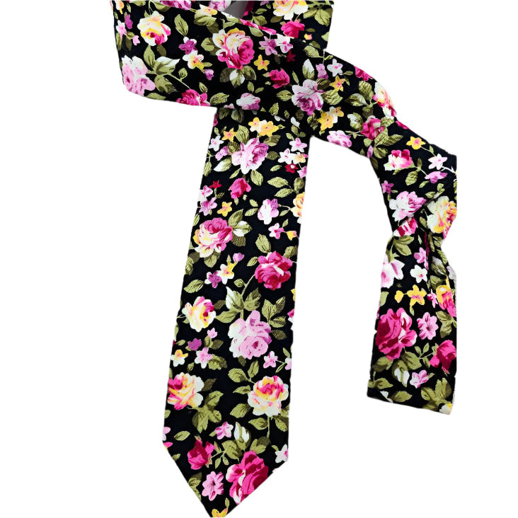 HAND MADE BLACK COTTON FLORAL TIE