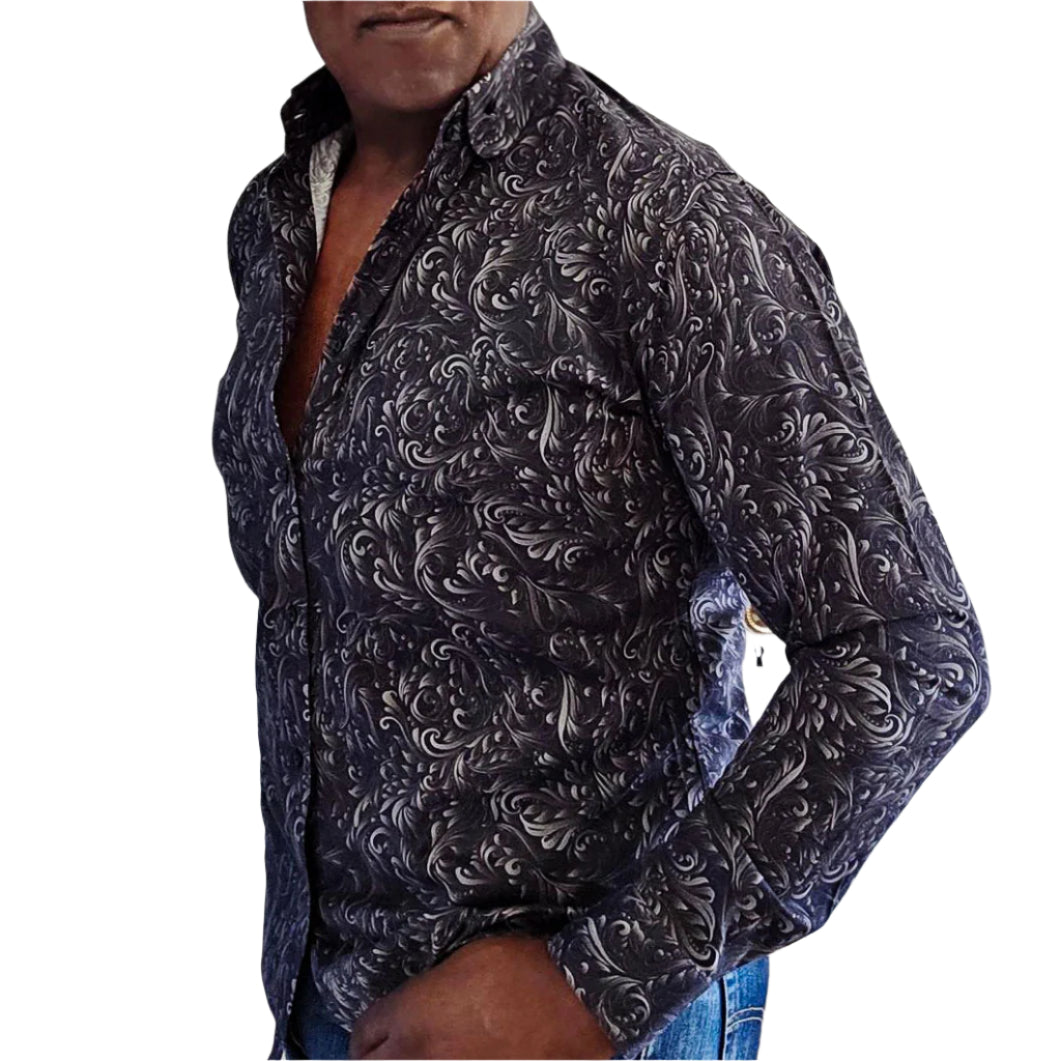 Charcoal paisley super fine cotton button down shirt